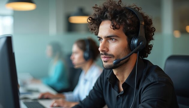 Close-up of call center operator with headset serving customer. Focused male employee works on computer in corporate office answers client questions. Online consultation, customer support via