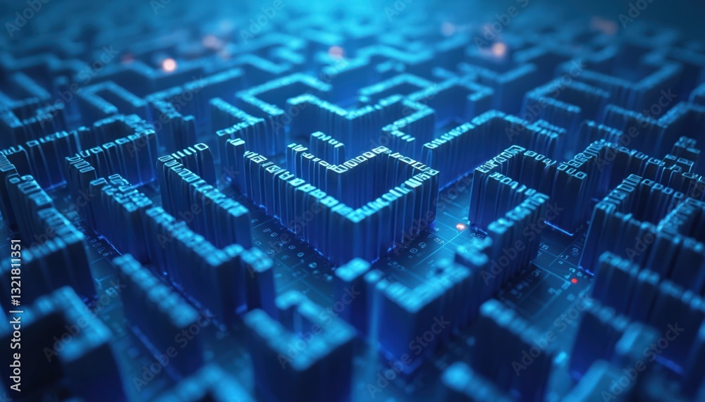 Poster abstract blue infinite 3d maze background. business, tech concepts. bright color banner. modern geom