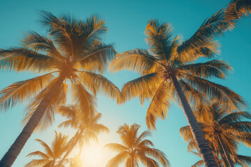 Silhouetted palm trees stand tall against the setting sun, casting shadows on a golden beach, creating a serene tropical scene.