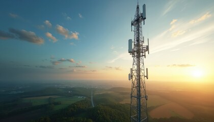 Telecom tower with radio transmitters against sunset. Modern mobile technology. Wireless communication equipment, cellular network station, metal construction, industrial signal transmitter for