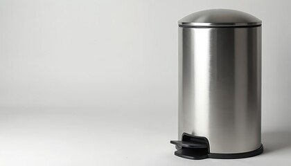 Modern stainless steel rubbish stands isolated against white backdrop with copy space. Sleek design integrates foot pedal for hands-free operation. Perfect for showing modern waste management