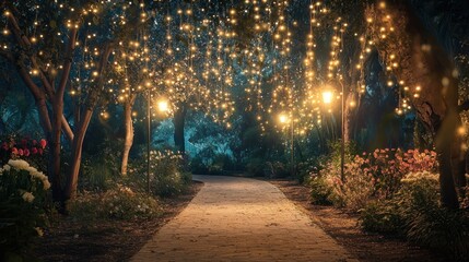 Obraz premium Magical night path, twinkling lights through trees