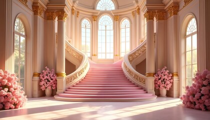 Grand palace interior with pink staircase, marble floor, columns, gold ornaments, flowers. Baroque hall background with arched windows, classic architecture. Luxury indoor design, royal castle with