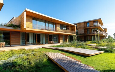 Modern wooden residential complex with outdoor spaces