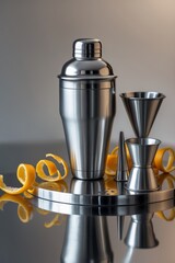 Stylish barware set displaying a metal cocktail shaker and measuring tools with citrus peels on a reflective surface