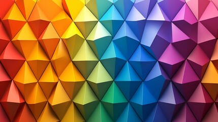 Obraz premium A vibrant, geometric pattern featuring colorful, 3D triangular shapes arranged in a gradient, creating an eye-catching visual effect.