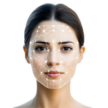 A woman's face with a network overlay, showcasing advancements in facial recognition and artificial intelligence in technology.