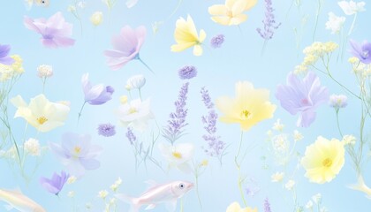 Pastel colored flowers and fish floating on a light blue background