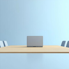 Naklejka premium A sleek laptop on a minimalist conference table, perfect for modern workspace concepts and business meetings.