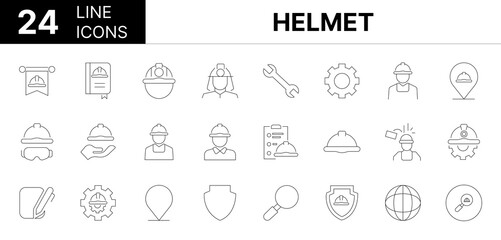 Collection of 24 helmet line icons featuring editable strokes. These outline icons depict various modes of helmet, hat, head, hard cap, headwear, avatar, person, search, global, law, book, safety, 