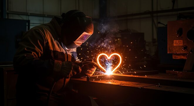 Welder Creating Heart on Steel Tank
