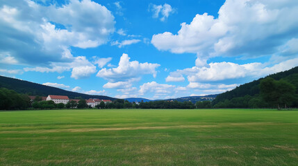 Fototapeta premium Grassland under blue sky with white clouds