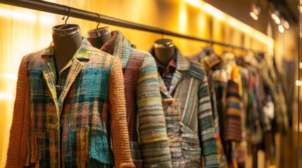 Fototapeta premium Colorful knitted clothes hanging on mannequins in fashion retail store