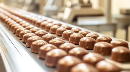 Chocolate candies moving on conveyor belt in a food factory
