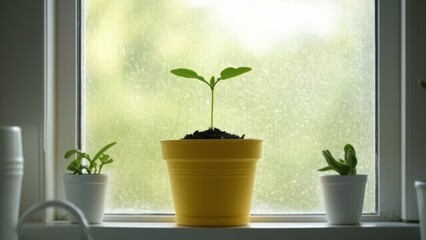 A young plant with two leaves grows in a yellow pot, flanked by two smaller plants in white pots, all placed on a windowsill with a blurred green background