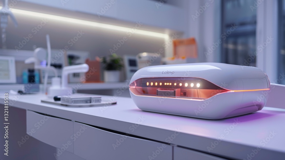 Poster a sleek sterilization device sits on a laboratory countertop, illuminated with soft lighting, ensuri