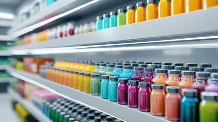 Fototapeta premium Innovative technology in action colorful liquid products displayed in a modern science lab environment