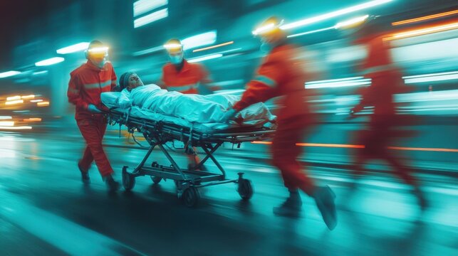 paramedics urgently rushing a patient on a stretcher down a city street at night. The scene is blurred due to the rapid movement, creating a sense of urgency and drama