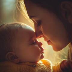 Close-up of a mother gently kissing her baby&rsquo;s forehead, soft natural lighting, warm tones, deep emotional connection