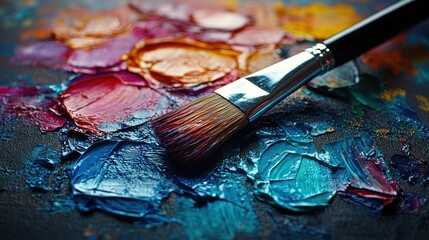 Fototapeta premium Vibrant Oil Paint Palette with Brush: A Close-Up View of Artistic Expression
