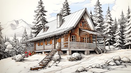 Fototapeta premium Serene Winter Cabin Retreat in the Mountains
