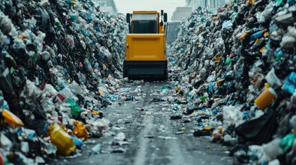 Automated waste sorting system landfill site technology showcase industrial environment ground level view science impact