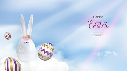 Easter poster with ceramic bunny, flowers, golden eggs decorated with a pattern. On the sky background. Easter greetings and gifts. Easter promotion and shopping template. Vector