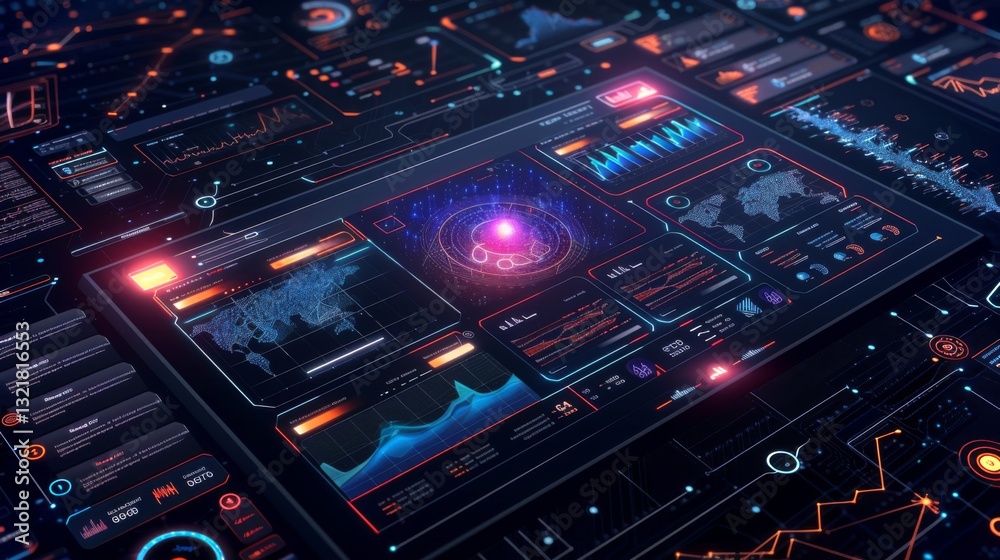 Aufkleber A detailed dashboard showcasing vibrant visualizations and metrics related to global data analysis, emphasizing trends through graphs and maps filled with dynamic indicators.