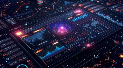 A detailed dashboard showcasing vibrant visualizations and metrics related to global data analysis, emphasizing trends through graphs and maps filled with dynamic indicators.