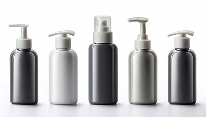 A Sleek Collection Of Minimalist Cosmetic Bottles, Showcasing A Sophisticated And Modern Design With A Neutral Color Palette Of Grey And White Against A Bright White Background