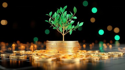 A Growing Tree from Stacks of Golden Coins on a Dark Background