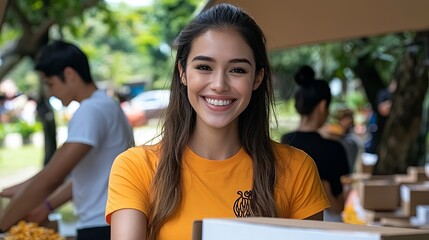 Cheerful young woman in an orange shirt smiles while holding a box, surrounded by a vibrant outdoor setting.