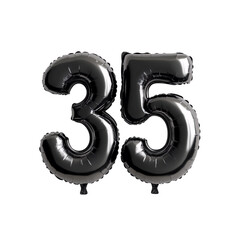 A black and white photo of shiny silver balloons in the shape of the number 35.