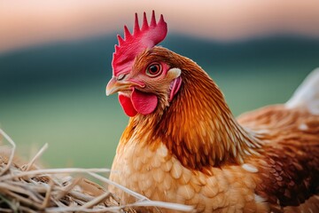 Hen resting on straw in farm at sunset, poultry farming concept