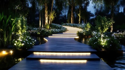Garden stone path stonework concept. A serene illuminated pathway through lush greenery, leading into a tranquil garden at night.