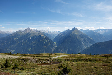 Fototapeta premium Majestic mountain landscape in Finkenberg, Austria showcasing natural beauty and serene wilderness