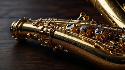 Obraz premium Saxophone on a wooden background close-up. 3d rendering