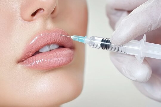Beautician injecting lip filler into woman's lips using a syringe