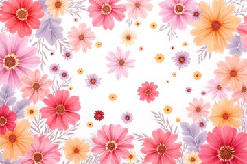 Beautiful Floral Pattern with Pink, Orange, and Purple Flowers on White Background