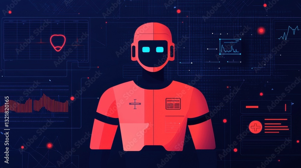 Poster futuristic robot with digital interface and data visualization elements in a high-tech environment