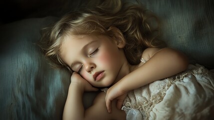 Naklejka premium A serene sleeping girl with curly hair rests peacefully, embodying innocence and tranquility in a softly lit environment.