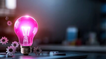 Glowing pink lightbulb with metallic gears, symbolizing innovation and ideas.