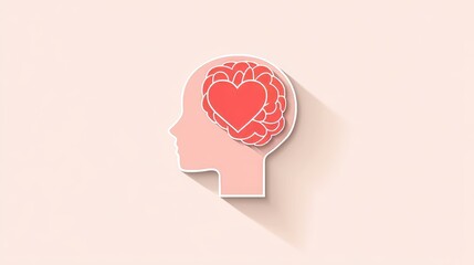 Outline of head and brain with heart concept in flat design on soft pink background