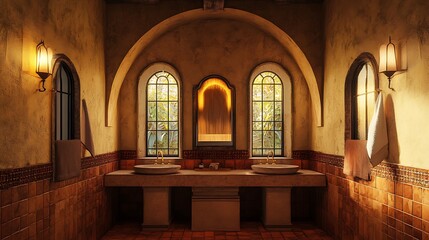 Fototapeta premium Warmly Lit Bathroom Interior with Arched Windows and Rustic Finishes