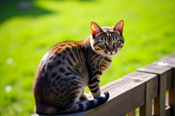 Naklejka premium Beautiful Spotted Cat Sitting on a Wooden Fence in a Green Lawn