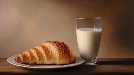 A croissant sits on a plate next to a glass of milk, creating a simple yet inviting breakfast scene.