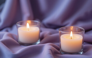 Two lit candles in glass holders on a soft, purple fabric.