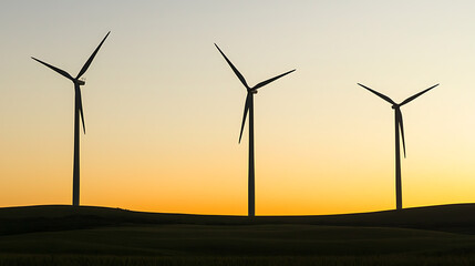 Obraz premium Three wind turbines are silhouetted against a beautiful sunset