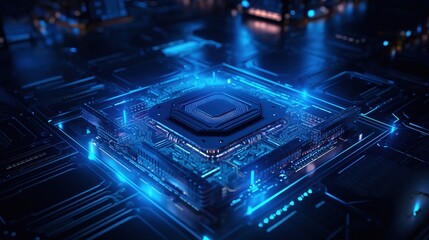 Fototapeta premium Blue technology sense data transmission electronic chip with glowing circuitry, high-tech digital connectivity, and advanced microchip design. Futuristic semiconductor device for information transfer,