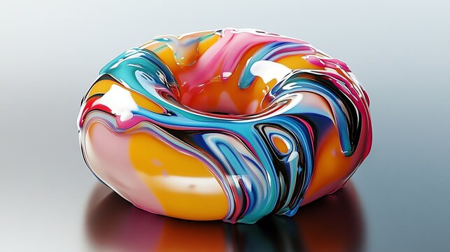 A colorful, swirling donut-shaped object with vibrant hues, set against a reflective surface, creating an artistic and playful appearance. - Powered by Adobe